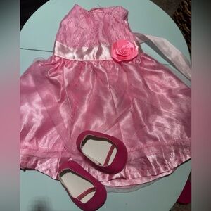 American Girl pink satin formal dress with pink American girl shoes